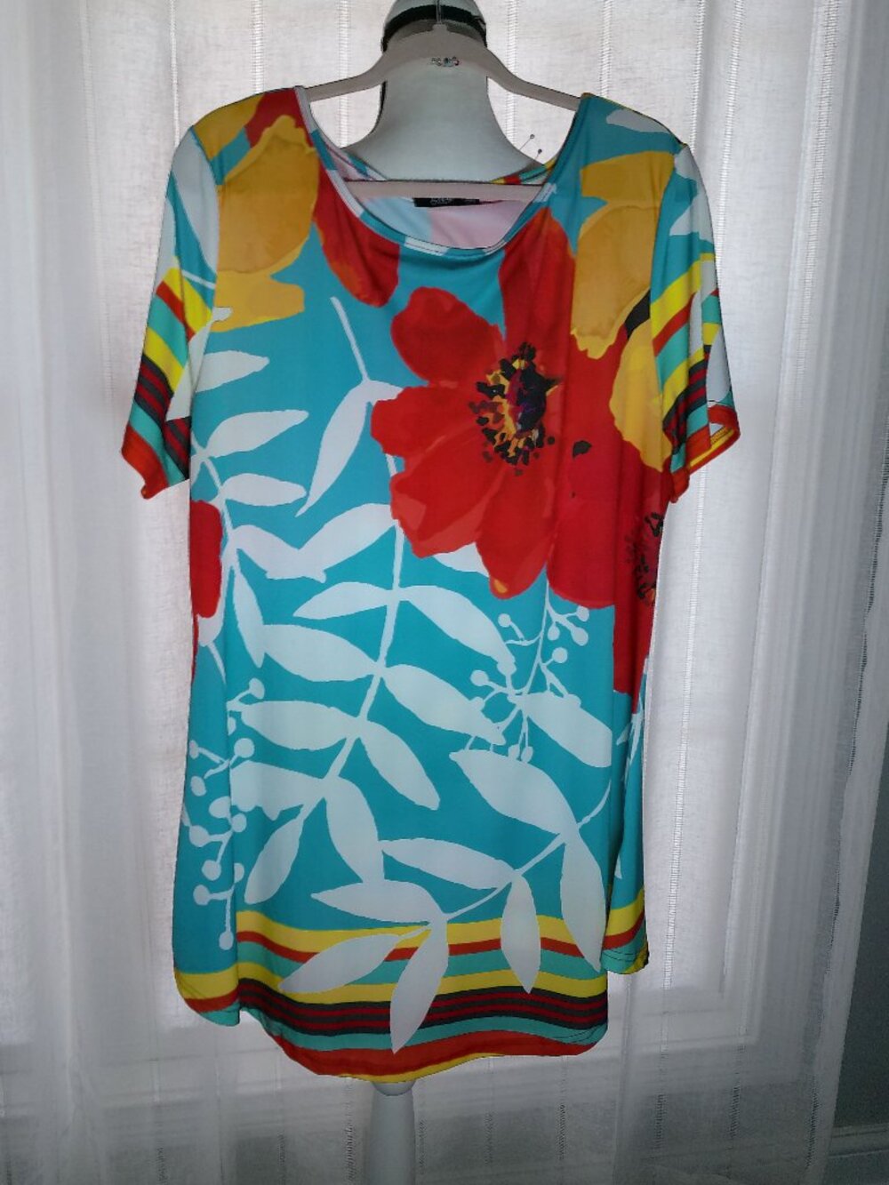 LILLY By Firmiana NWOT Short Slve Scoop Neck Turquoise Tropical Print Tunic 1XL